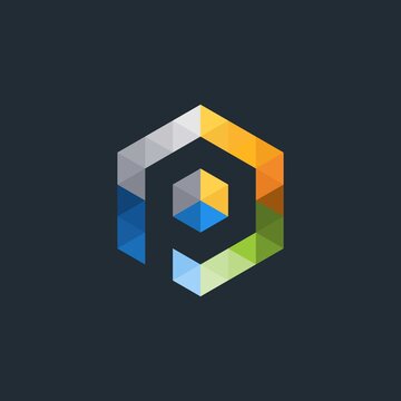 Modern colorful hexagon logo design element. letter P logo template