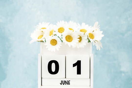 cube calendar for June with daisy flowers over blue with copy space