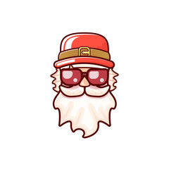 Santa Claus head with Santa red hat and hipster sunglasses isolated on white Christmas background. Santa label or sticker design