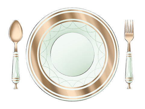 Digitally drawn illustration in cartoon style of vintage tea spoon, green plate and dessert fork decorated with golden elements on white background for graphic or web design