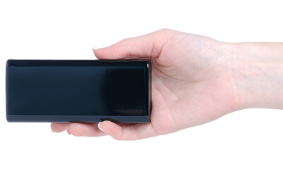 Black power bank in hand on white background isolation