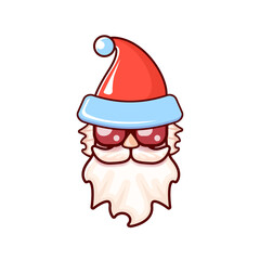 Santa Claus head with Santa red hat and hipster sunglasses isolated on white Christmas background. Santa label or sticker design