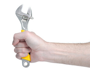 Adjustable wrench work tool in hand on white background isolation