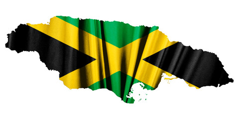 Jamaica map with flag. Textured silk cloth isolated on white 3D illustration