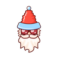 Santa Claus head with Santa red hat and hipster sunglasses isolated on white Christmas background. Santa label or sticker design