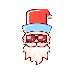 Santa Claus head with Santa red hat and hipster sunglasses isolated on white Christmas background. Santa label or sticker design