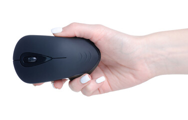 Black PC mouse in hand on white background isolation