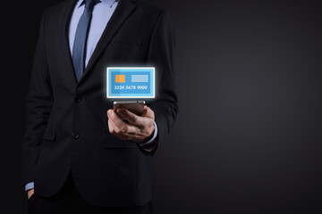 Business man in suit hand holding blank credit card icon showing for concept banking and finance service