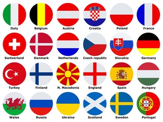 Flags of participating teams with English text 
 