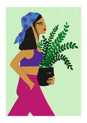 Poster with walking and holding plant pot Asian woman