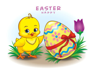 Cartoon little chick with Easter egg. Easter egg with red ribbon. Happy Easter.