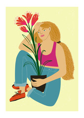 Woman sitting with a plant pot poster