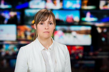An anchorwoman reporting live breaking news sitting in Tv studio. Background of multiple screens of...