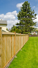 wooden fence with green lawn and trees