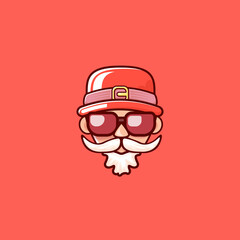 Santa Claus head with Santa red hat and hipster sunglasses isolated on red Christmas background. Santa label or sticker design