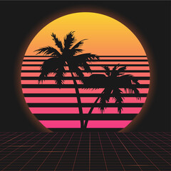 Retro futuristic background 1980s style. Digital palm tree on a cyber ocean in the computer world. Palm trees on the background of sunset .Vector