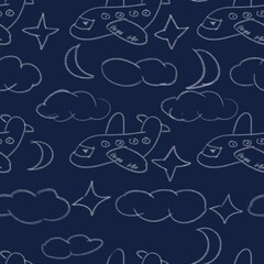 Airline, moon, star, cloud seamless pattern. 