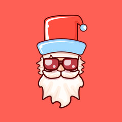 Santa Claus head with Santa red hat and hipster sunglasses isolated on red Christmas background. Santa label or sticker design