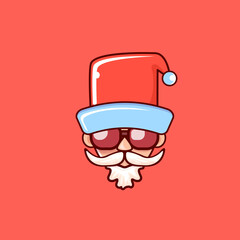 Santa Claus head with Santa red hat and hipster sunglasses isolated on red Christmas background. Santa label or sticker design
