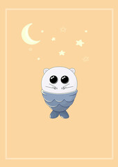 Postcard animals. Cute little cat. templates for postcards, social networks, and posters. Illustration of cute animals, poster with a funny cat. cute mermaid.