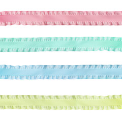rep ribbon with ruffles isolated on a white background in four colors: pink, blue, green, yellow