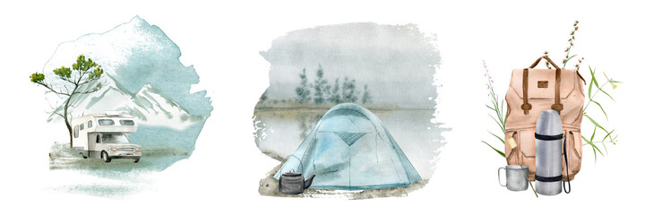 Watercolor illustration of a camping tent. Perfect for logo - obrazy, fototapety, plakaty