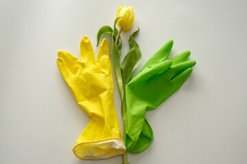 Green and yellow rubber glove and yellow tulip