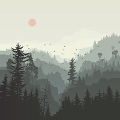 Square illustration of misty coniferous forest hills with canyons and flock of birds.