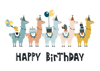 Happy birthday card with cute cartoon llama design. stock illustration.