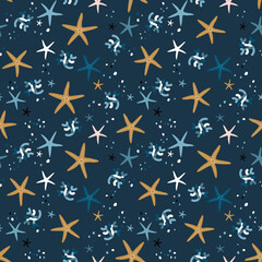 Cute sea life seamless pattern. Vector illustration in cartoon style - Vector stock illustration.