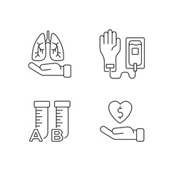 Organ Donation linear icons set. Surgical medicine. Thin line customizable illustration. Contour symbol. Vector isolated outline drawing. Editable stroke