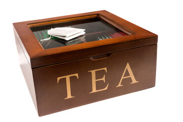 Wooden square convenient box for storing dry tea bags. 