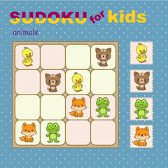 Sudoku for kids with various animals. Kitten, frog, fox, chick. Seamless polka dot pattern as a background.