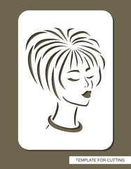 Stencil with the face of a beautiful girl. Head of a woman with short straight hair, closed eyes, long eyelashes. Sign, logo, decoration of a beauty salon, hairdresser. Template for laser plotter cut.