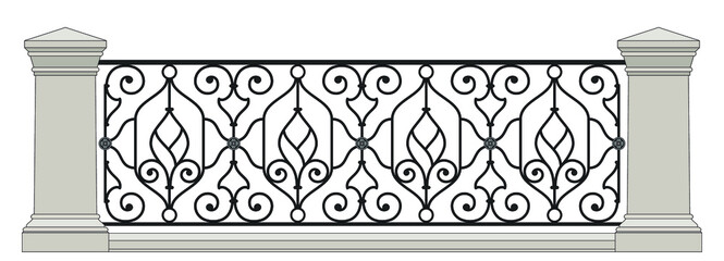 Iron railings with stone pillars. Blacksmithing. Urban design. Balcony. Terrace. Handrails. Elements of architecture. Isolated. Wrought  iron fence. White background. Template for design. Vector.
