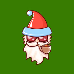 Santa Claus head with Santa red hat, smoking pipe and red hipster sunglasses isolated on green Christmas background. Santa label or sticker design
