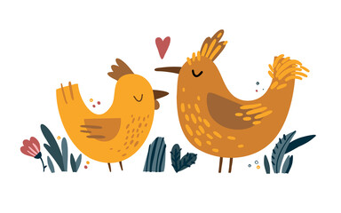 two enamored birds hand drawn vector illustration. birds in grass and flowers doodle drawing style. colorful cute birdies with heart isolated on white background