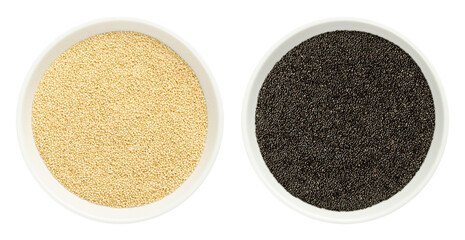 Black amaranth grain in a wooden bowl. Seeds of Amaranthus, a pseudocereal, staple food and source of protein of the Aztecs, banned by conquistadors. Close-up from above, over white, macro food photo.