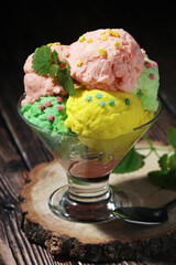 Ice cream scoops in an ice cream bowl