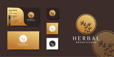 Fototapeta na wymiar Herbal logo with golden circle concept and business card design Premium Vector