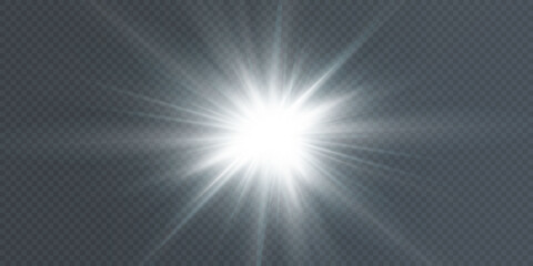 The sun is shining bright light rays with realistic glare. Light star on a transparent black background.