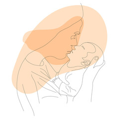 Linear portrait of a woman with a child on an abstract background for printing on posters or textiles.