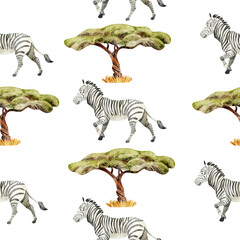 Watercolor seamless pattern with zebra and trees 