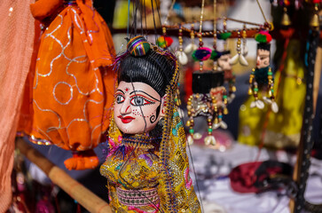 Puppet Show, Rajasthani colorful hand made puppet on display.
