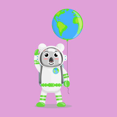 Illustration vector graphic cartoon of cute koala astronaut holding balloon shaped earth. Childish cartoon design suitable for product design of children's books, t-shirt etc