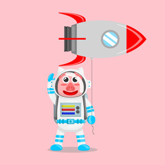 Illustration vector graphic cartoon of cute pig astronaut holding balloon shaped a spaceship. Childish cartoon design suitable for product design of children's books, t-shirt etc