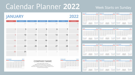 Calendar Planner for 2022. Calendar template for 2022. Stationery Design Print Template with Place for Photo, Your Logo and Text. Corporate and business horizontal calendar.