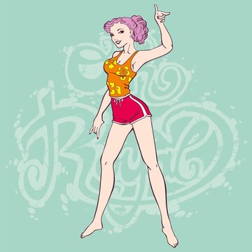 Pin up with purple hair and hibiscus flowers top pointing with her hand