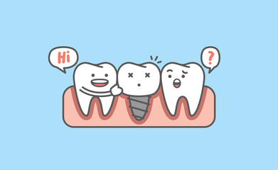 Dental cartoon of white teeth real root and implant screw metal root illustration cartoon character vector design on blue background. Dental care concept.