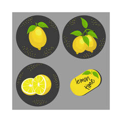 A set of three pictures with a yellow lemon on a gray background: single, double and two cut lemons. Vector. Design for social media marketing, digital post, prints.